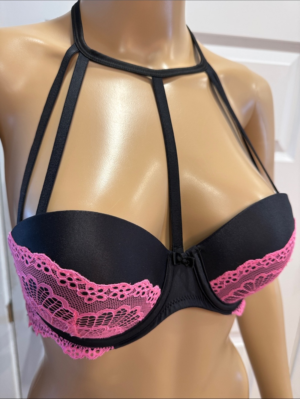 La Vie En Rose Black Bra with Pink Lace Halter Detail